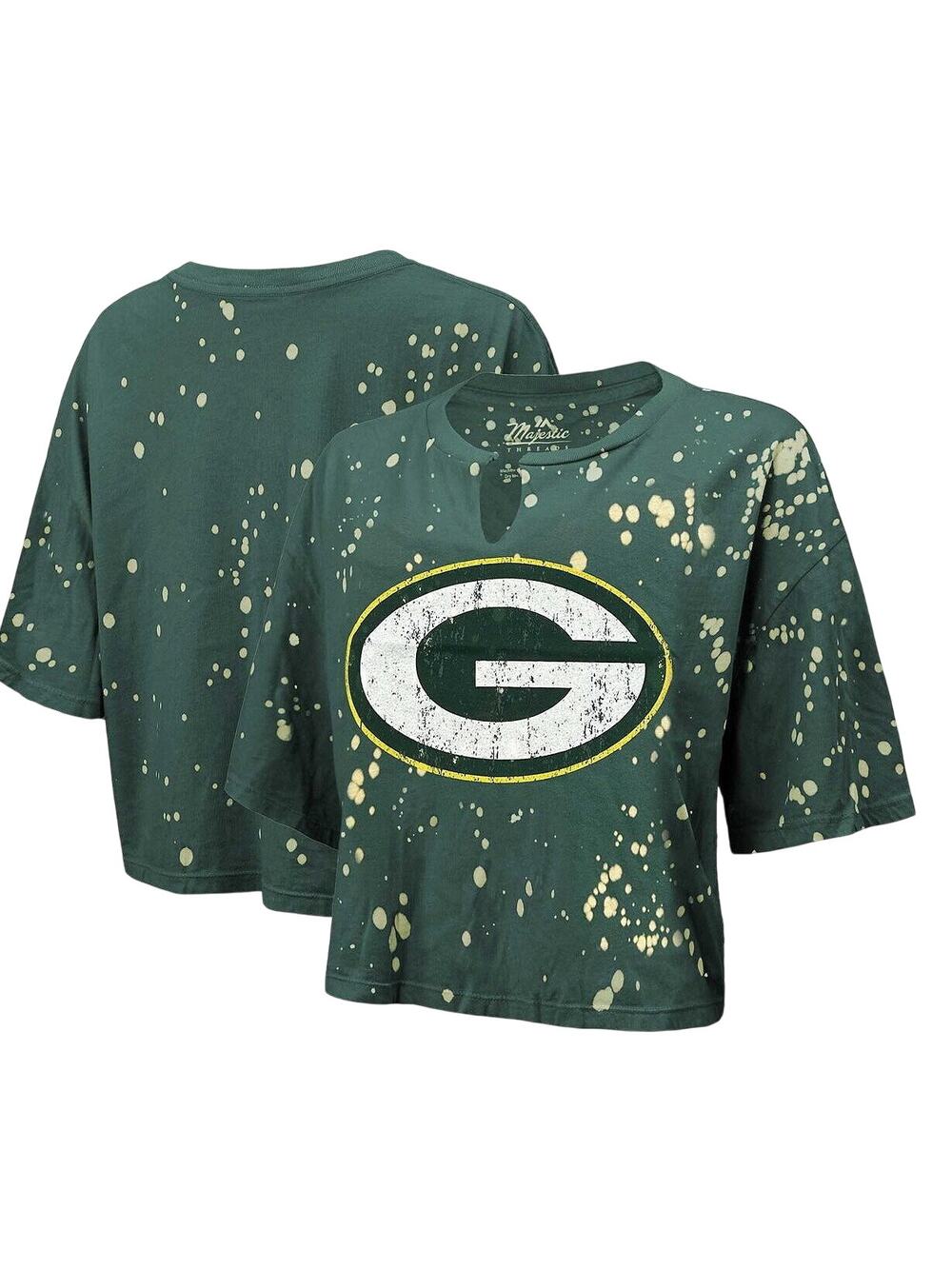 Majestic NFL Green Bay Packers Distressed Notch Neck Crop Tee, Large, NWT
